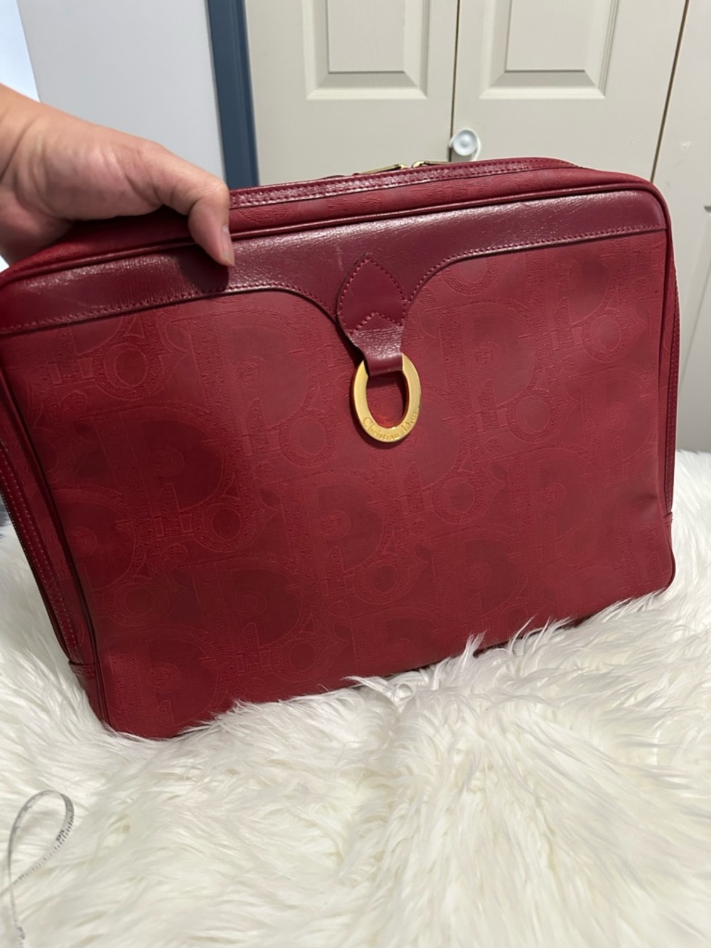 Christian Dior Designer Red Shoulder laptop and document Bag with Gold Accent